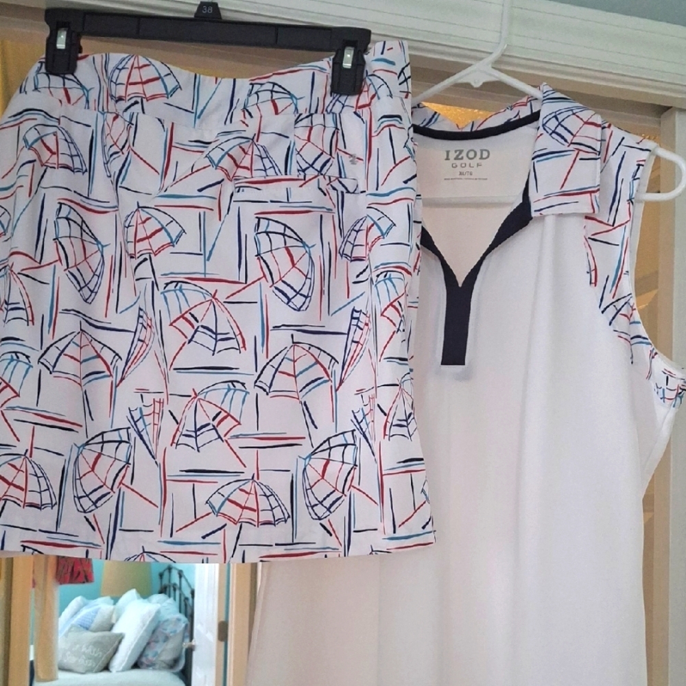 IZOD White Sleeveless Top and Patterned Skirt Set